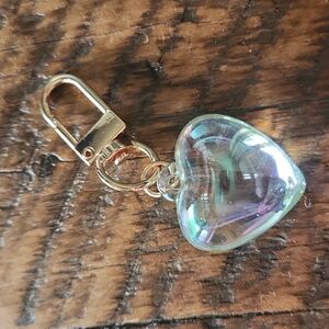 Heart Key Or Bag Charm, Clear Iridescent Heart Gold Tone Hardware